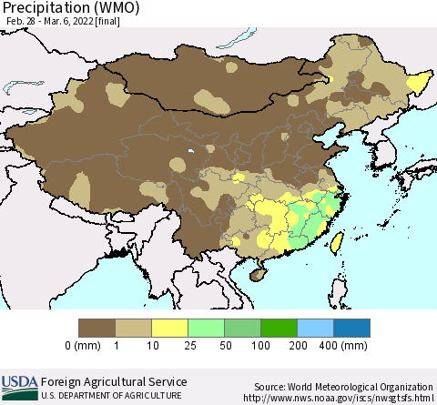 China and Taiwan Precipitation (WMO) Thematic Map For 2/28/2022 - 3/6/2022