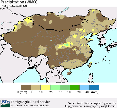 China and Taiwan Precipitation (WMO) Thematic Map For 3/7/2022 - 3/13/2022