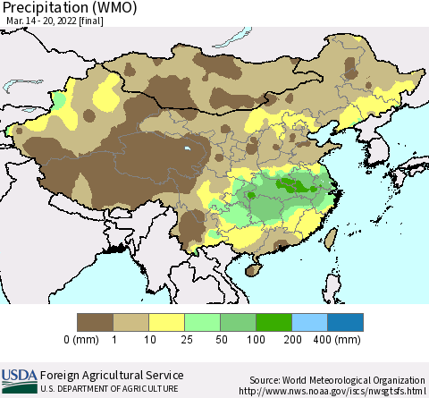 China and Taiwan Precipitation (WMO) Thematic Map For 3/14/2022 - 3/20/2022