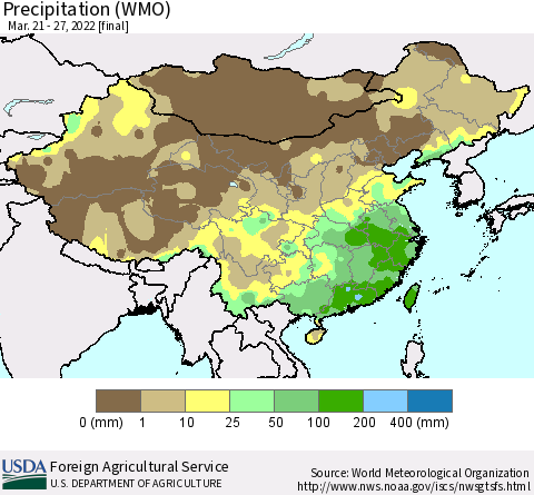 China, Mongolia and Taiwan Precipitation (WMO) Thematic Map For 3/21/2022 - 3/27/2022