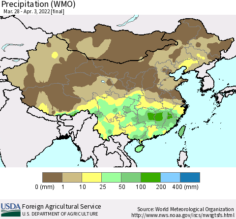 China and Taiwan Precipitation (WMO) Thematic Map For 3/28/2022 - 4/3/2022
