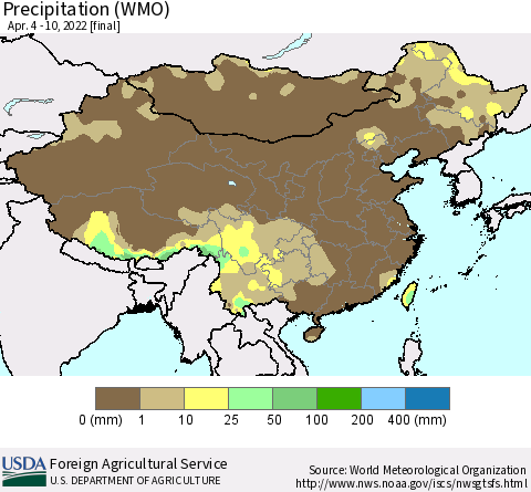 China and Taiwan Precipitation (WMO) Thematic Map For 4/4/2022 - 4/10/2022