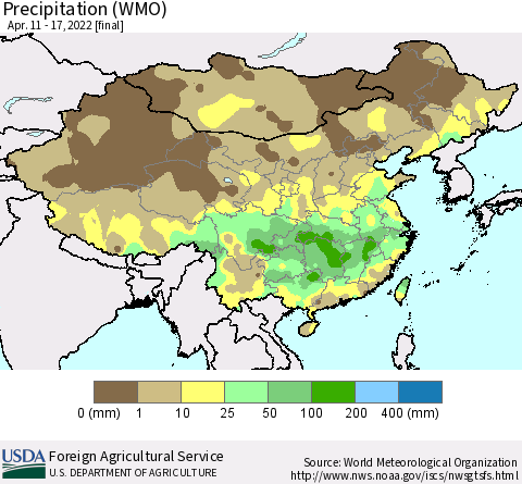 China, Mongolia and Taiwan Precipitation (WMO) Thematic Map For 4/11/2022 - 4/17/2022