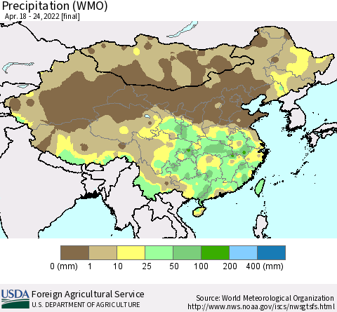 China, Mongolia and Taiwan Precipitation (WMO) Thematic Map For 4/18/2022 - 4/24/2022