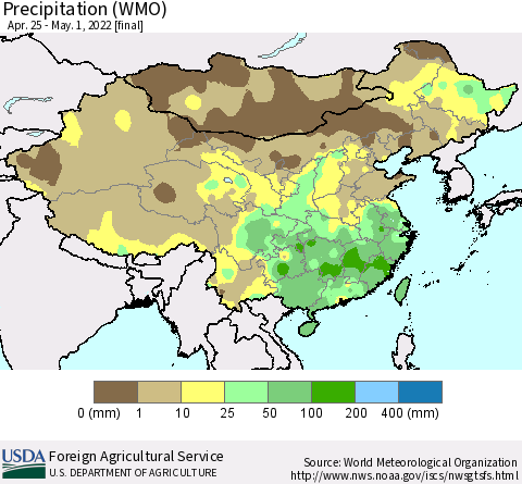 China and Taiwan Precipitation (WMO) Thematic Map For 4/25/2022 - 5/1/2022