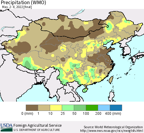 China and Taiwan Precipitation (WMO) Thematic Map For 5/2/2022 - 5/8/2022