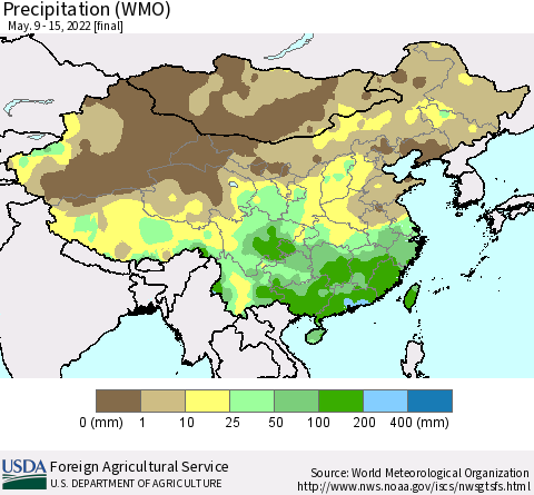 China, Mongolia and Taiwan Precipitation (WMO) Thematic Map For 5/9/2022 - 5/15/2022