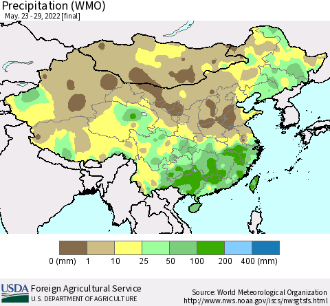 China and Taiwan Precipitation (WMO) Thematic Map For 5/23/2022 - 5/29/2022