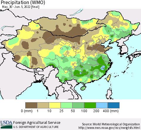 China and Taiwan Precipitation (WMO) Thematic Map For 5/30/2022 - 6/5/2022