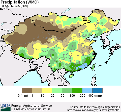 China and Taiwan Precipitation (WMO) Thematic Map For 6/6/2022 - 6/12/2022