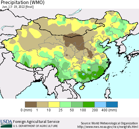 China, Mongolia and Taiwan Precipitation (WMO) Thematic Map For 6/13/2022 - 6/19/2022