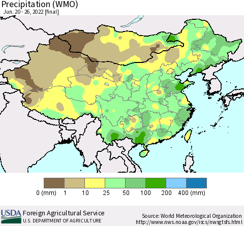 China and Taiwan Precipitation (WMO) Thematic Map For 6/20/2022 - 6/26/2022