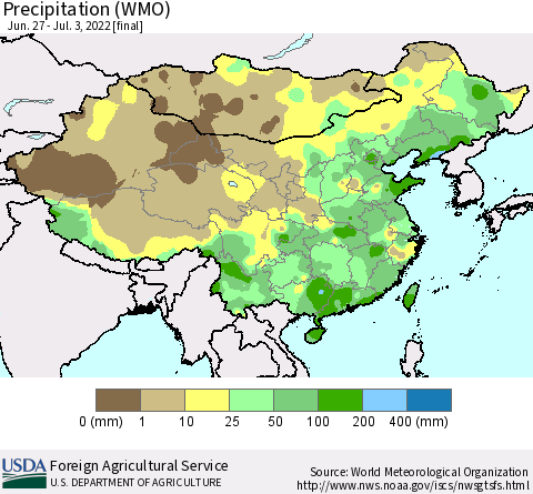 China and Taiwan Precipitation (WMO) Thematic Map For 6/27/2022 - 7/3/2022