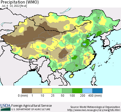 China, Mongolia and Taiwan Precipitation (WMO) Thematic Map For 7/4/2022 - 7/10/2022