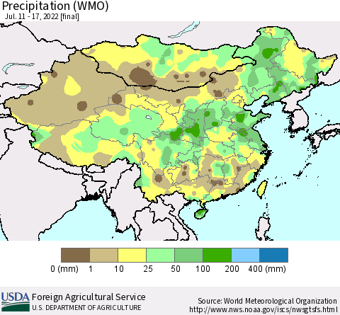 China, Mongolia and Taiwan Precipitation (WMO) Thematic Map For 7/11/2022 - 7/17/2022