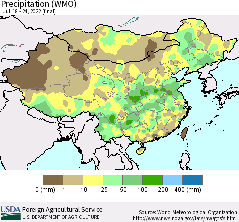 China, Mongolia and Taiwan Precipitation (WMO) Thematic Map For 7/18/2022 - 7/24/2022