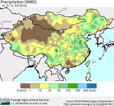 China, Mongolia and Taiwan Precipitation (WMO) Thematic Map For 7/25/2022 - 7/31/2022