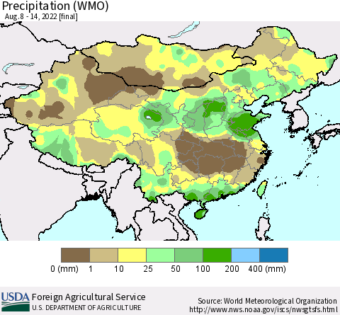 China, Mongolia and Taiwan Precipitation (WMO) Thematic Map For 8/8/2022 - 8/14/2022