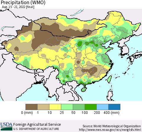 China, Mongolia and Taiwan Precipitation (WMO) Thematic Map For 8/15/2022 - 8/21/2022