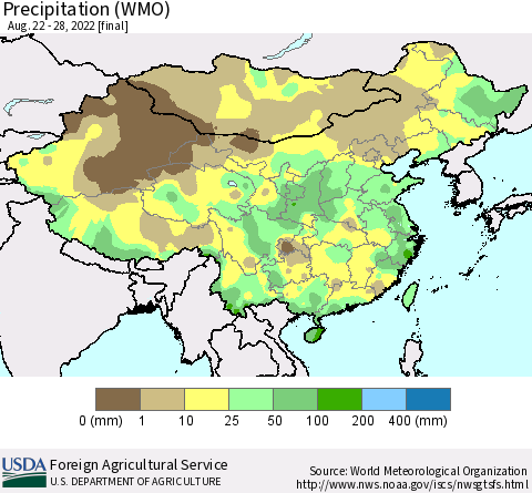 China, Mongolia and Taiwan Precipitation (WMO) Thematic Map For 8/22/2022 - 8/28/2022