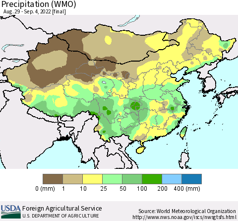 China, Mongolia and Taiwan Precipitation (WMO) Thematic Map For 8/29/2022 - 9/4/2022