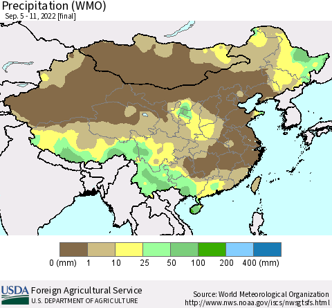 China, Mongolia and Taiwan Precipitation (WMO) Thematic Map For 9/5/2022 - 9/11/2022