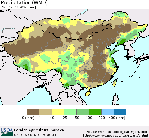 China, Mongolia and Taiwan Precipitation (WMO) Thematic Map For 9/12/2022 - 9/18/2022