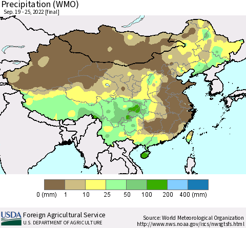 China, Mongolia and Taiwan Precipitation (WMO) Thematic Map For 9/19/2022 - 9/25/2022