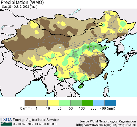China, Mongolia and Taiwan Precipitation (WMO) Thematic Map For 9/26/2022 - 10/2/2022