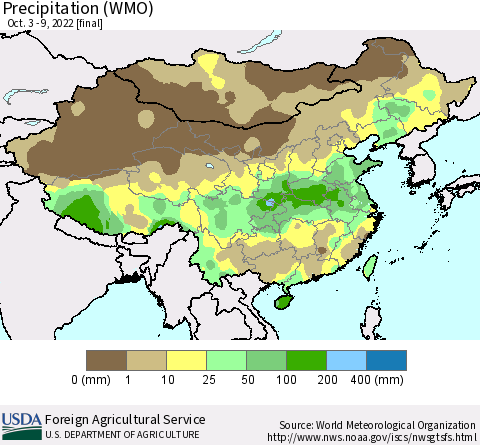 China, Mongolia and Taiwan Precipitation (WMO) Thematic Map For 10/3/2022 - 10/9/2022