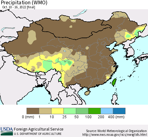 China, Mongolia and Taiwan Precipitation (WMO) Thematic Map For 10/10/2022 - 10/16/2022