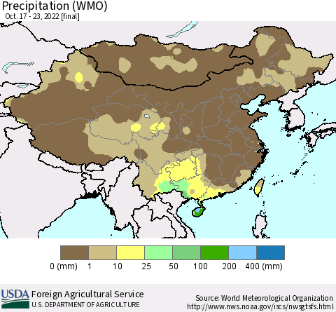 China, Mongolia and Taiwan Precipitation (WMO) Thematic Map For 10/17/2022 - 10/23/2022