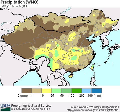 China, Mongolia and Taiwan Precipitation (WMO) Thematic Map For 10/24/2022 - 10/30/2022