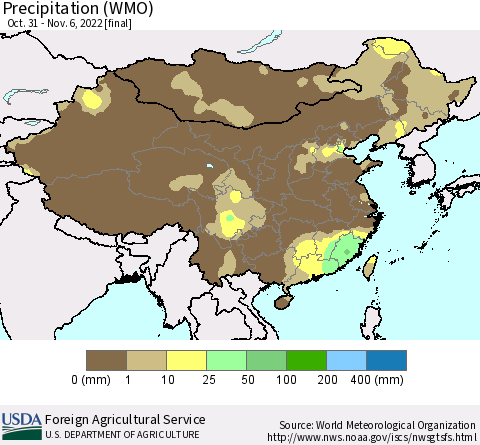 China, Mongolia and Taiwan Precipitation (WMO) Thematic Map For 10/31/2022 - 11/6/2022