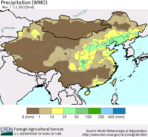 China, Mongolia and Taiwan Precipitation (WMO) Thematic Map For 11/7/2022 - 11/13/2022