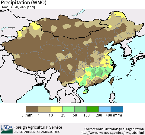 China, Mongolia and Taiwan Precipitation (WMO) Thematic Map For 11/14/2022 - 11/20/2022