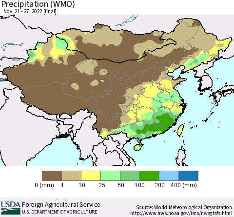 China, Mongolia and Taiwan Precipitation (WMO) Thematic Map For 11/21/2022 - 11/27/2022