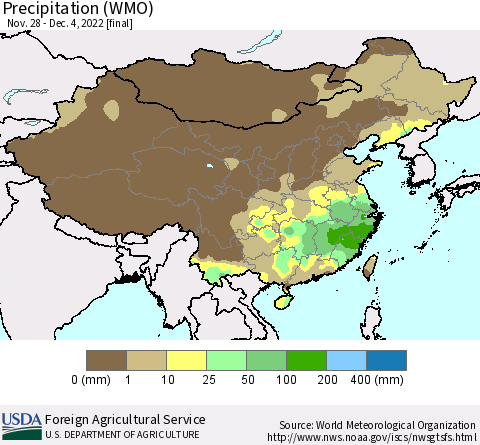 China, Mongolia and Taiwan Precipitation (WMO) Thematic Map For 11/28/2022 - 12/4/2022