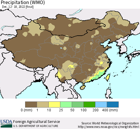 China, Mongolia and Taiwan Precipitation (WMO) Thematic Map For 12/12/2022 - 12/18/2022