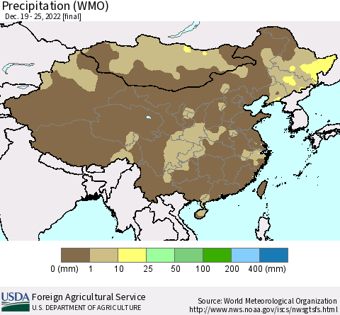 China, Mongolia and Taiwan Precipitation (WMO) Thematic Map For 12/19/2022 - 12/25/2022
