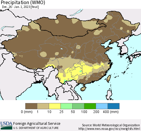 China, Mongolia and Taiwan Precipitation (WMO) Thematic Map For 12/26/2022 - 1/1/2023