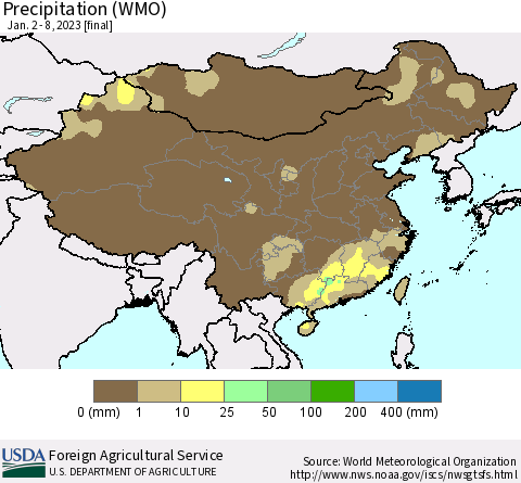 China, Mongolia and Taiwan Precipitation (WMO) Thematic Map For 1/2/2023 - 1/8/2023