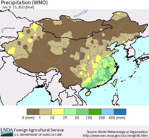 China, Mongolia and Taiwan Precipitation (WMO) Thematic Map For 1/9/2023 - 1/15/2023