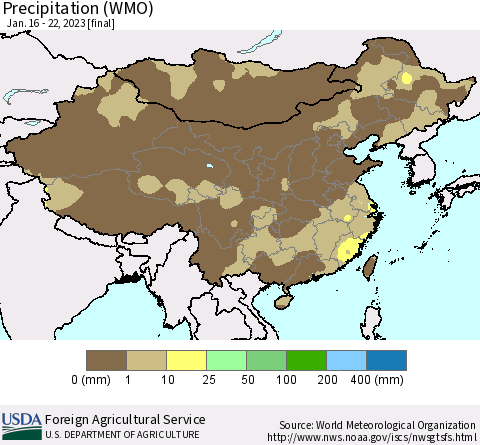 China, Mongolia and Taiwan Precipitation (WMO) Thematic Map For 1/16/2023 - 1/22/2023