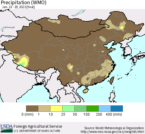 China, Mongolia and Taiwan Precipitation (WMO) Thematic Map For 1/23/2023 - 1/29/2023