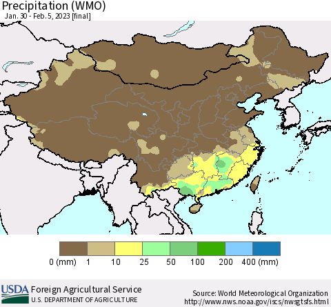 China, Mongolia and Taiwan Precipitation (WMO) Thematic Map For 1/30/2023 - 2/5/2023