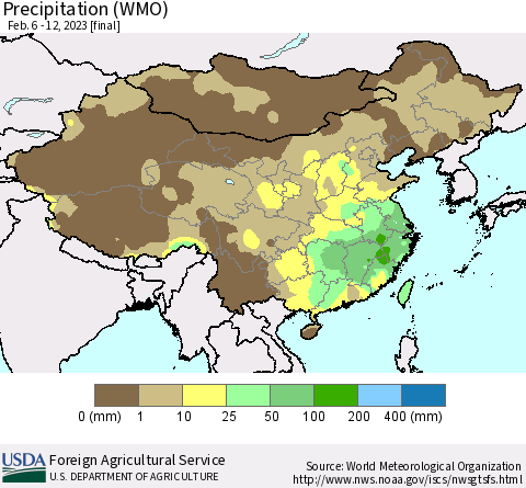 China, Mongolia and Taiwan Precipitation (WMO) Thematic Map For 2/6/2023 - 2/12/2023