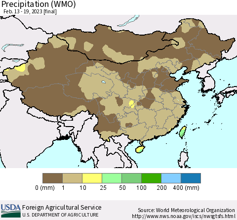 China, Mongolia and Taiwan Precipitation (WMO) Thematic Map For 2/13/2023 - 2/19/2023