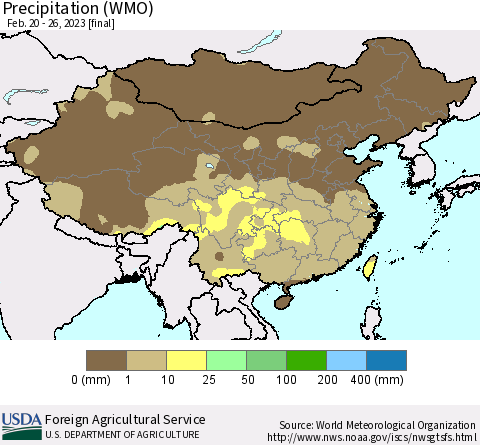 China, Mongolia and Taiwan Precipitation (WMO) Thematic Map For 2/20/2023 - 2/26/2023