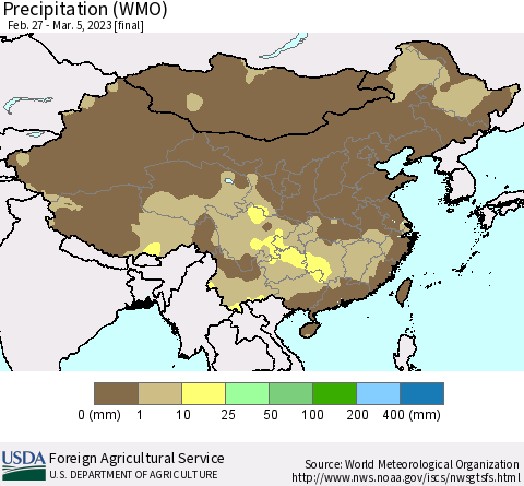 China, Mongolia and Taiwan Precipitation (WMO) Thematic Map For 2/27/2023 - 3/5/2023